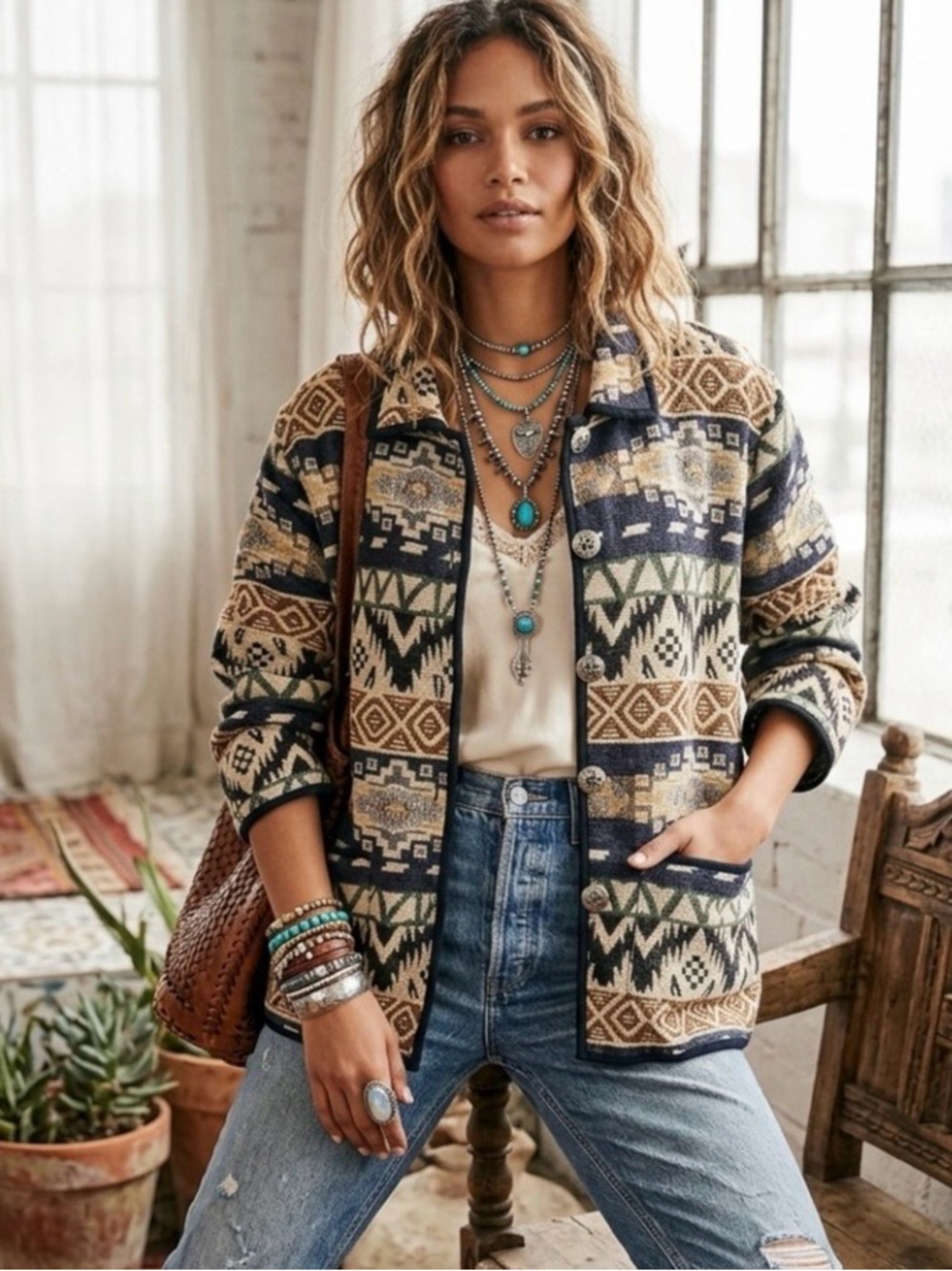 VTG Jane Ashley Southwestern Aztec Tapestry Jacket 100% Cotton Boho Western 2X